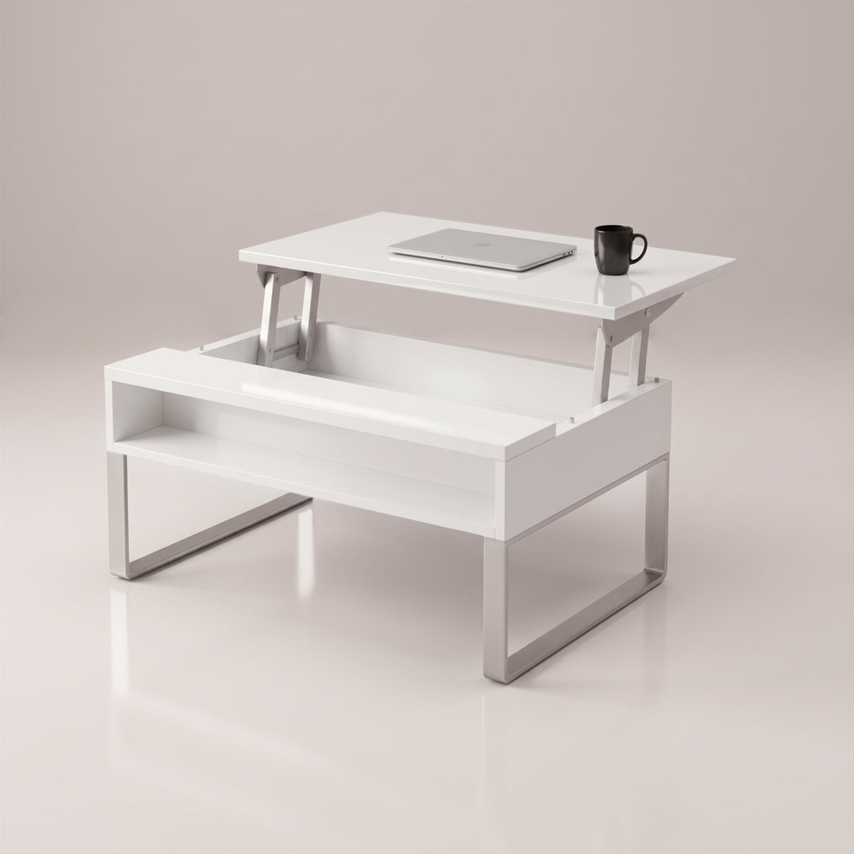 Boost lift storage table in glossy white opening