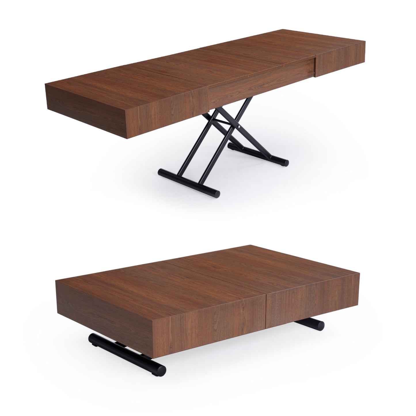 Box Coffee Table Transformer - Wood Walnut with black legs - Height adjustable extendable dinner table