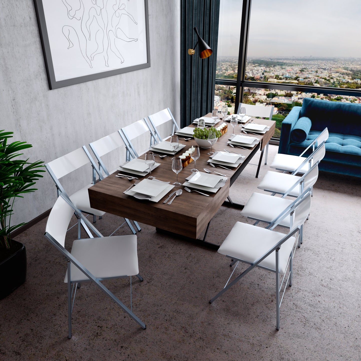 Transforming Box Coffee dinner table in extended form. Chocolate walnut panel finish with table ware decorating table and white nano chairs surround the table