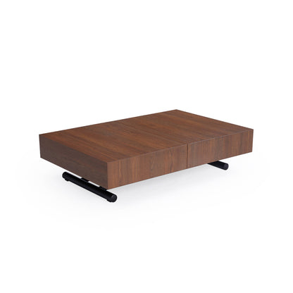 Extending and lifting box coffee table converts into a dinner table for friends and family. Walnut wood