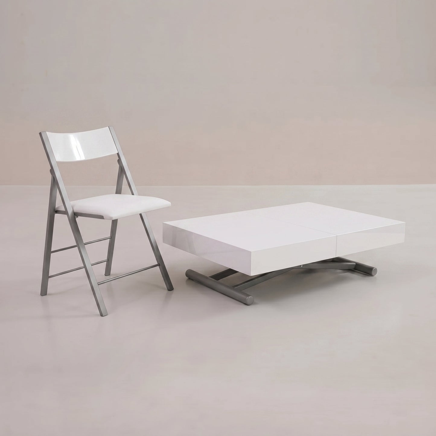 Height adjustable coffee table turns to 8 person dinner table | Glossy White