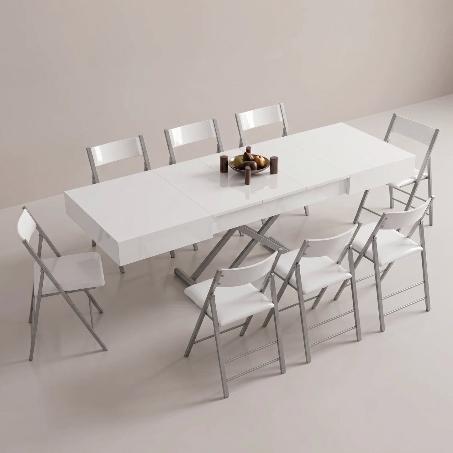 Box Cofffee Table set seats 8 in white gloss with silver legs - Transforming height adjustable table | Glossy White