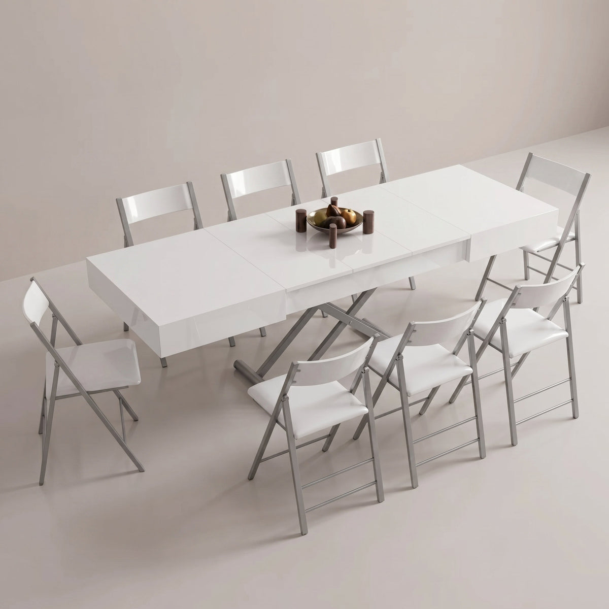 Box Cofffee Table set seats 8 in white gloss with silver legs - Transforming height adjustable table | Glossy White