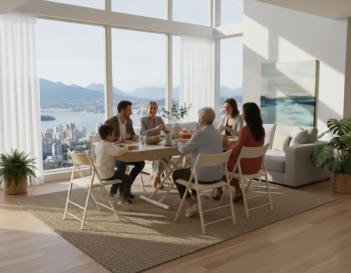 box coffee curve in oak wood raised and extended with family sitting around for dinner