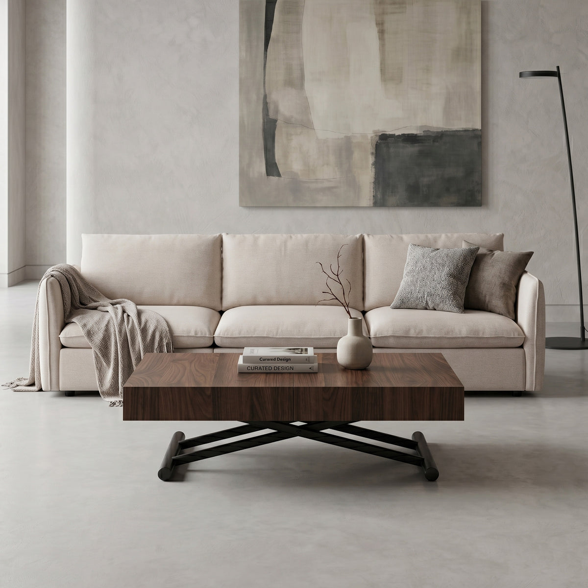 low profile box coffee table in front of a sofa before height and extensions adjustments to seat 12 | Chocolate walnut