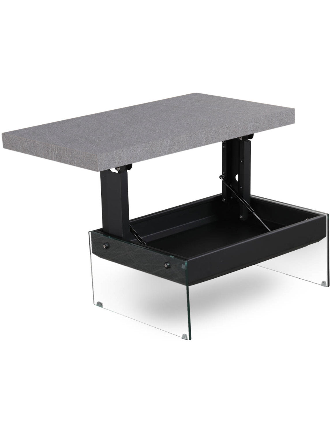 Cadence Mini in concrete texture finish with glass legs - lifting storage coffee table