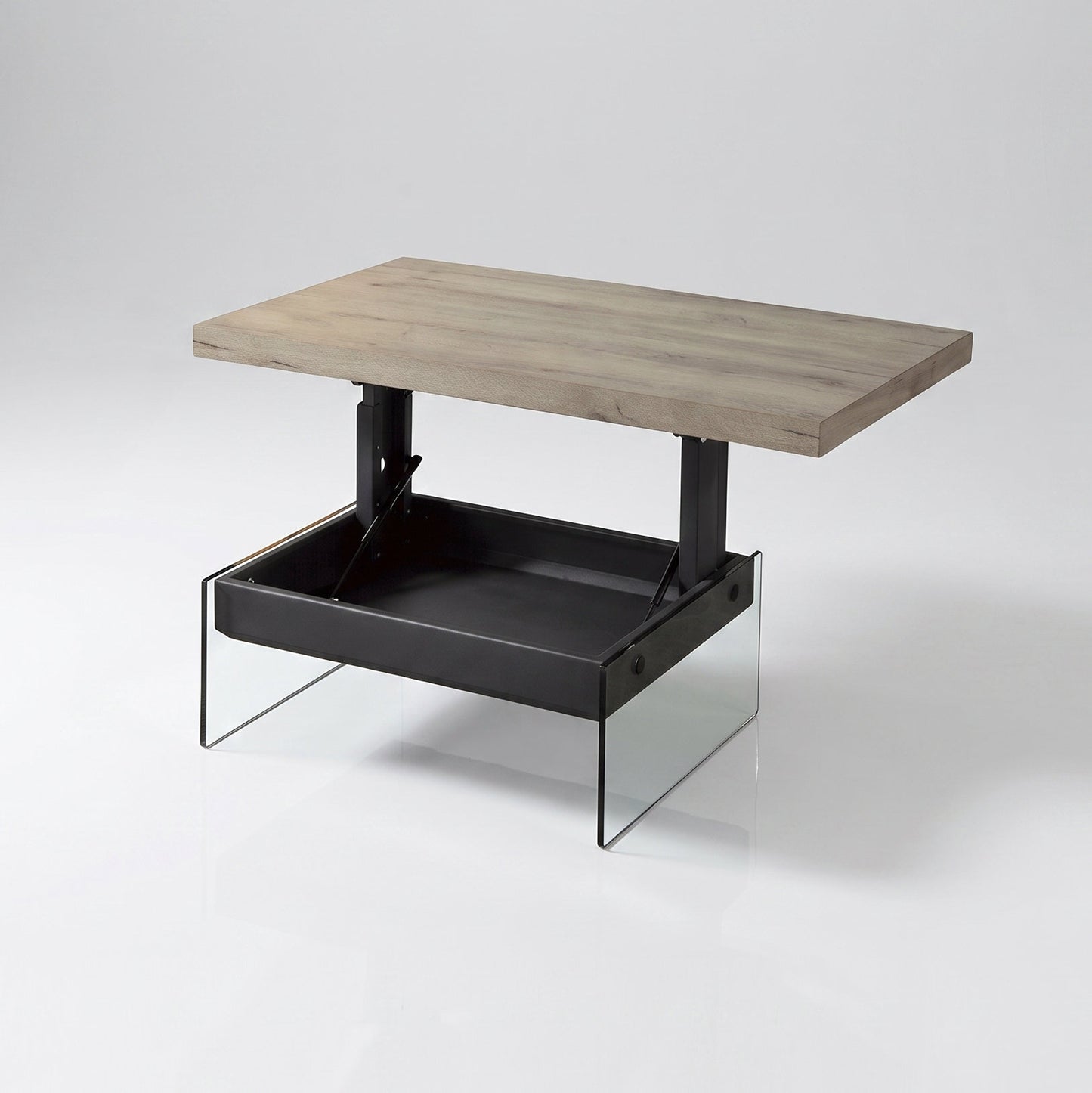 Cadence lift storage top table in driftwood with glass base | Drift Wood Panel