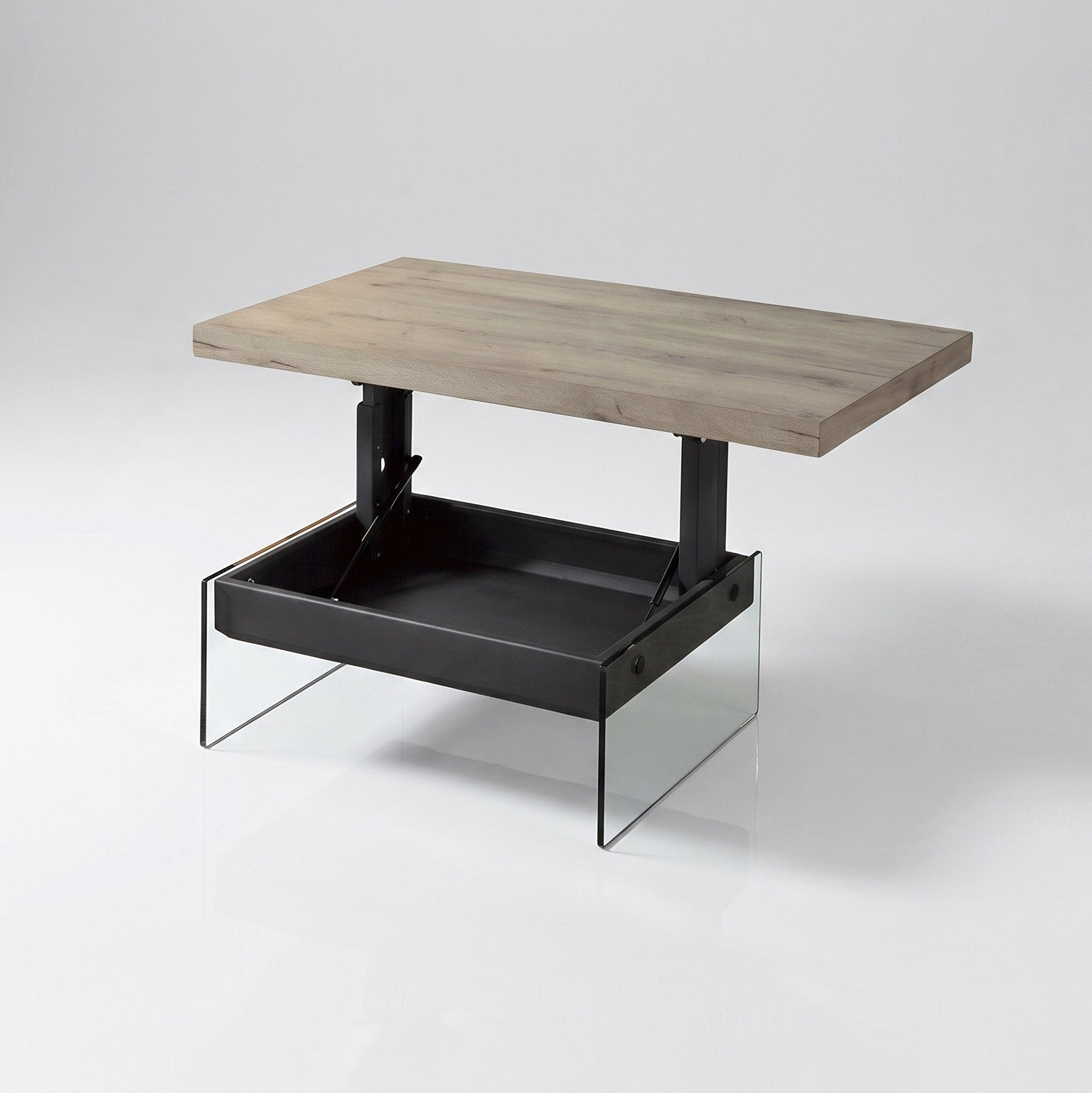 Cadence lift storage top table in driftwood with glass base | Drift Wood Panel