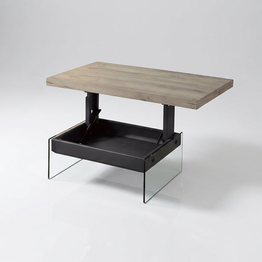 Cadence lift storage top table in driftwood with glass base | Drift Wood Panel