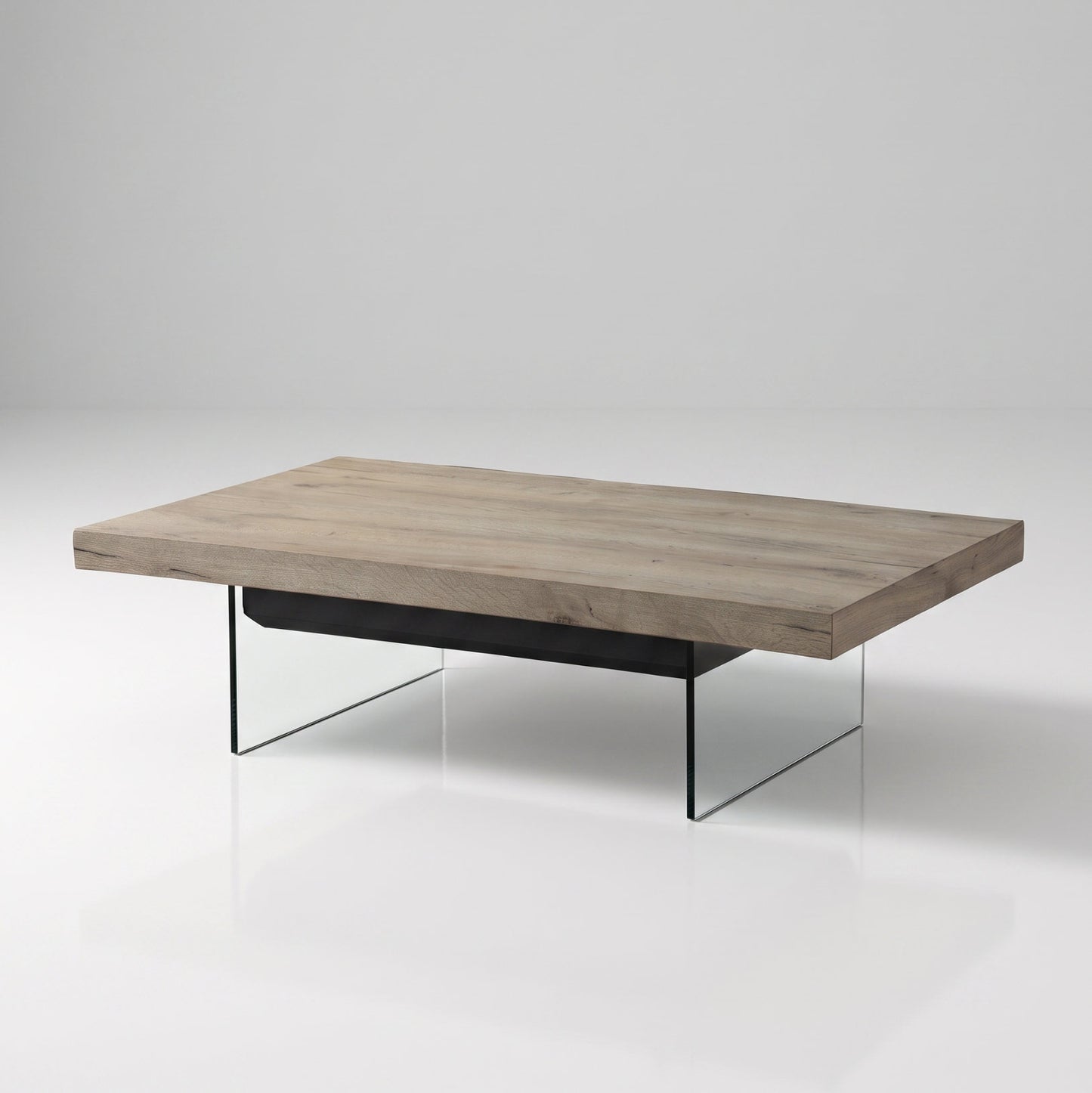 Cadence low profile wood top and glass base with hidden lift and storage | Drift Wood Panel