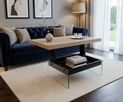 Cadence lifting coffee table in wood finish with a blue sofa 
