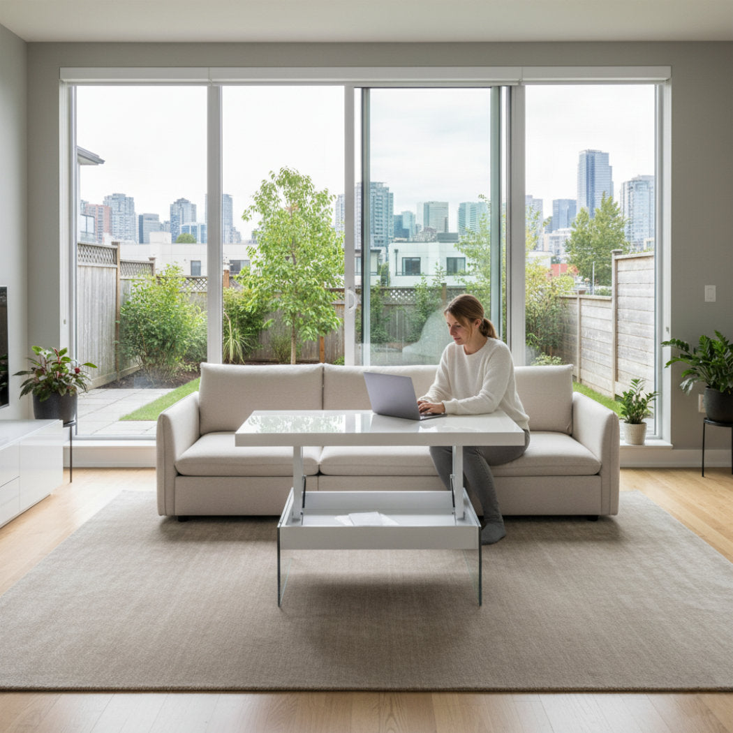 Stylish low profile wide coffee table top lifts open to expose storage and create a desk in front of a sofa - white gloss finish