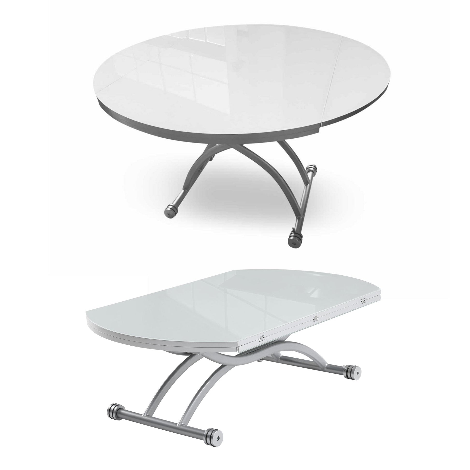 Chord convertible round white glass table lifts and lowers - extending leaflets