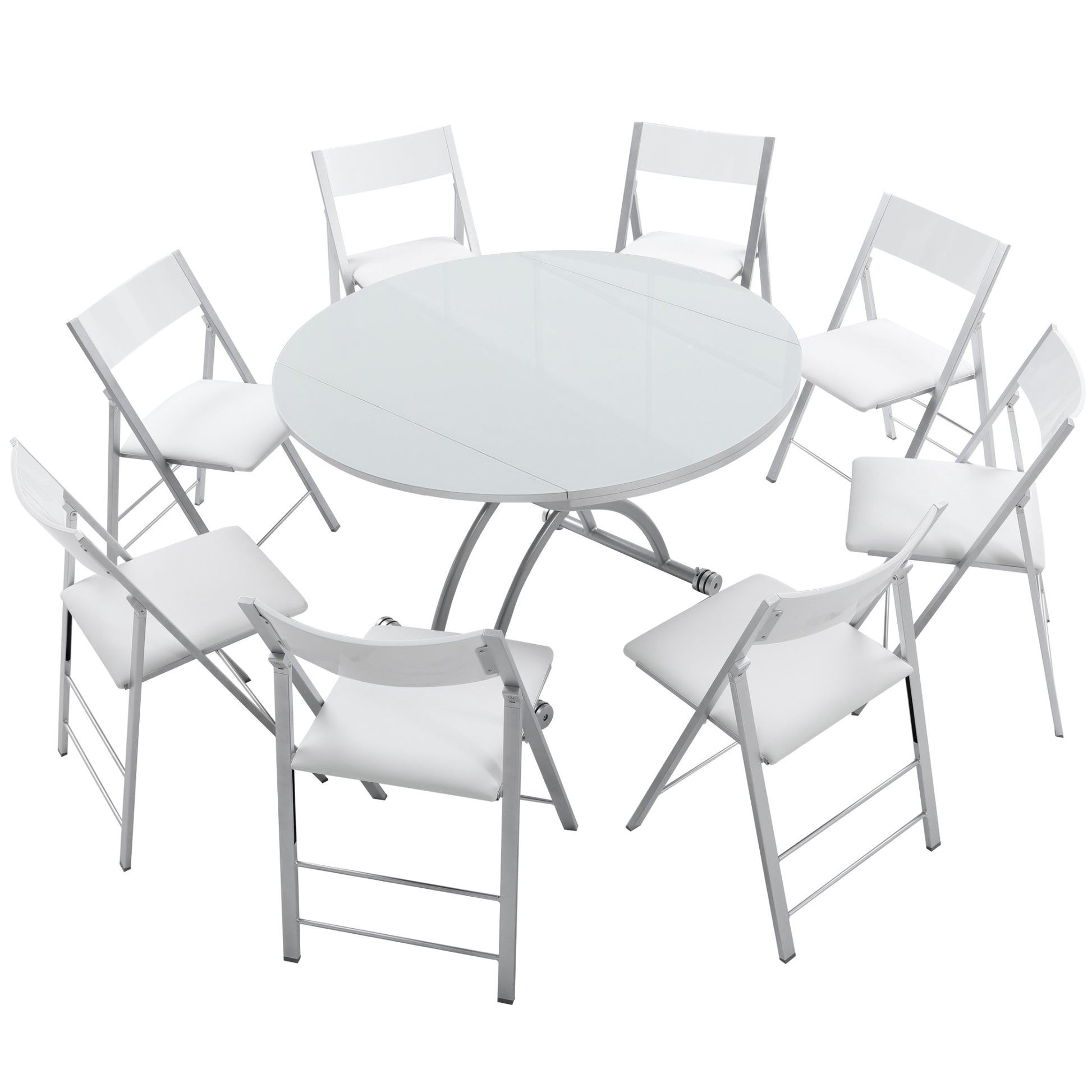 Chord round expandable adjustable height table with 8 chairs