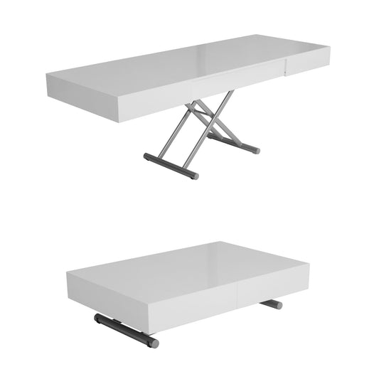 Compact box coffee table in white gloss fully extended and height adjustable coffee to dinner convertible table