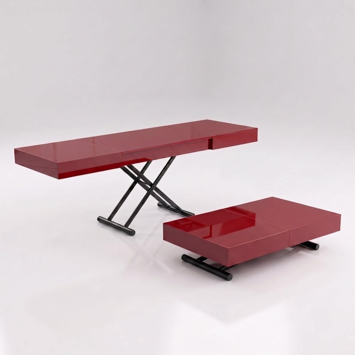 Compact Box Coffee adjustable size and extending transformer table | Red Glass