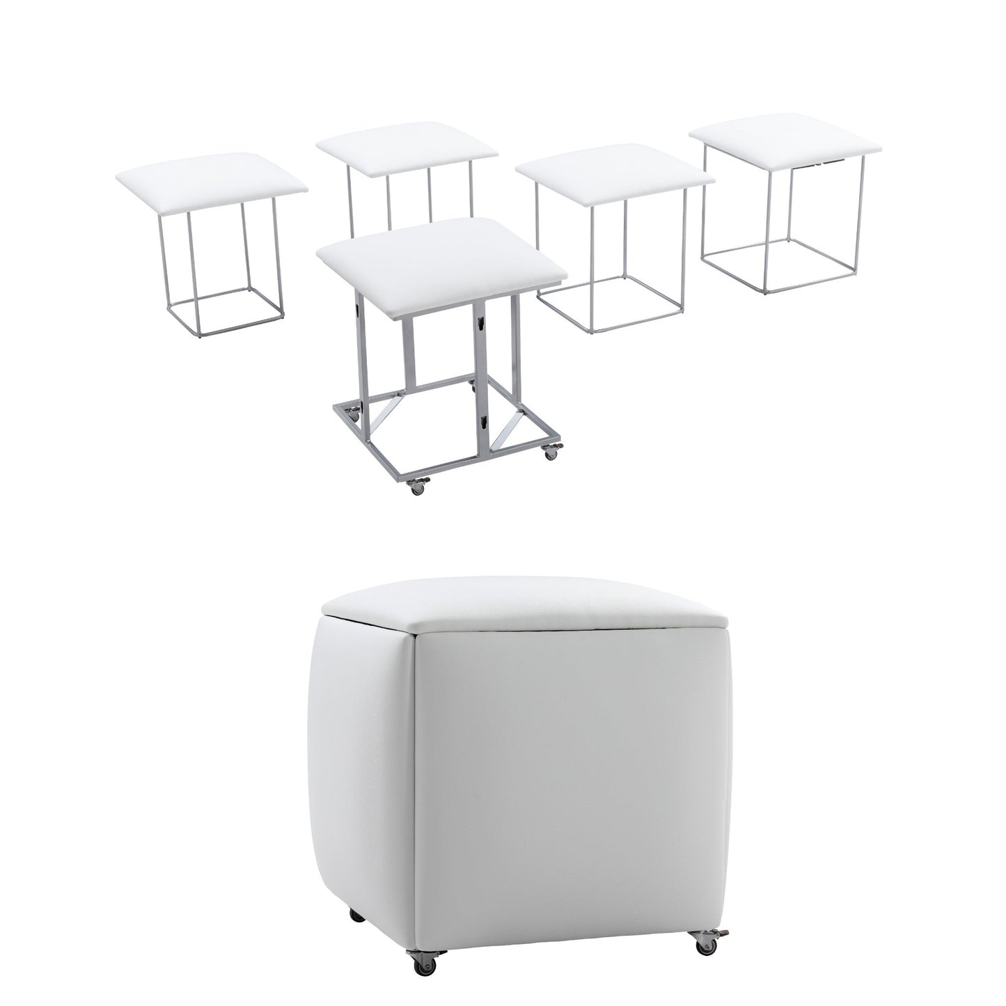 Companion Cube 5 in 1 seats nest inside ottoman - white pu leather