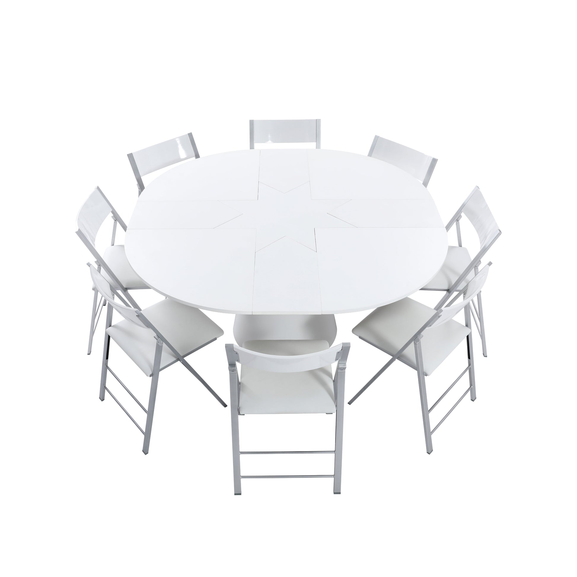 Compass round expanding table in white wood with nano chairs