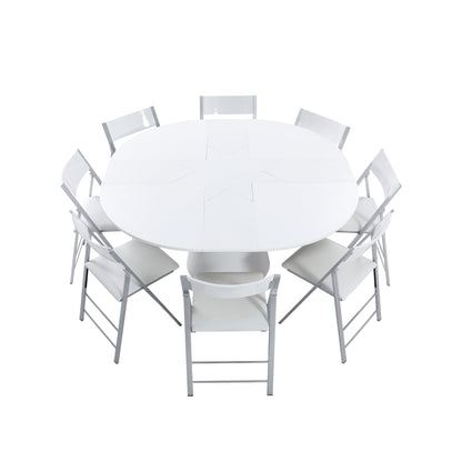 Compass round expanding table in white wood with nano chairs