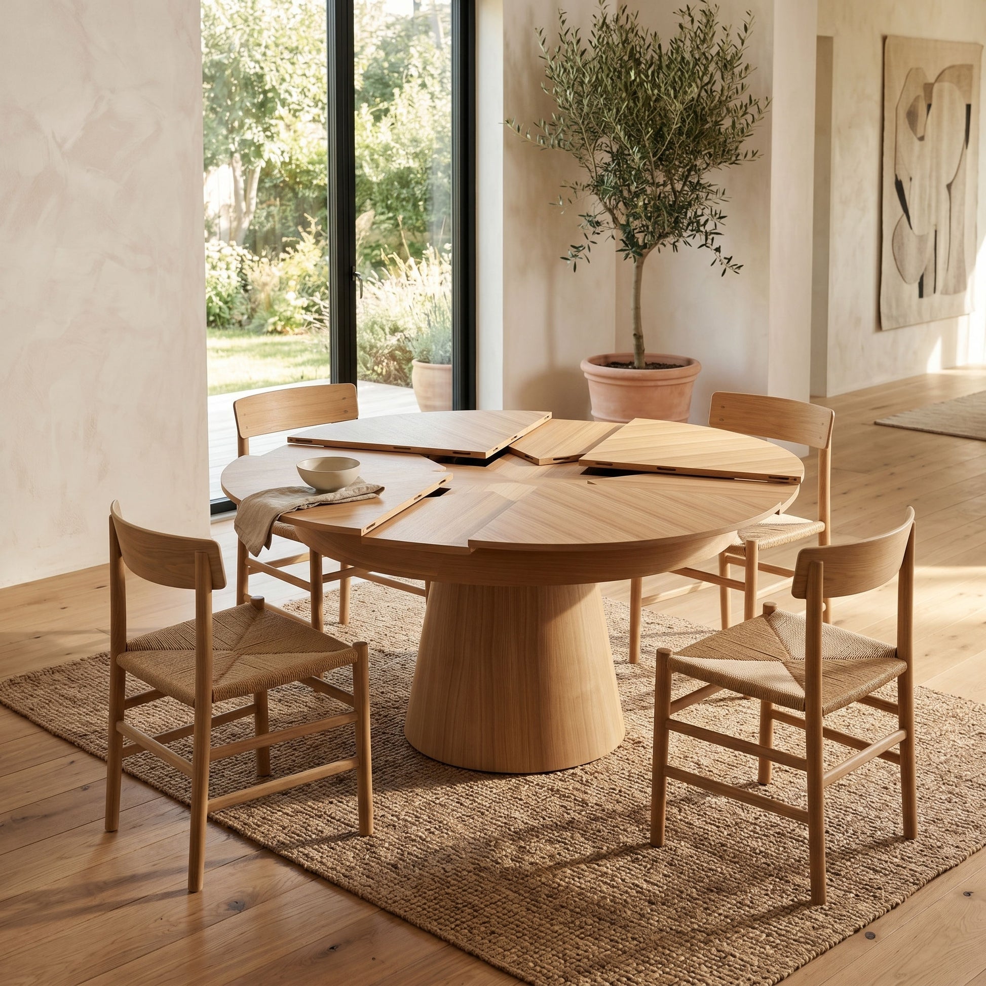 Compass expandable round table in a home Expand Furniture | Oak Wood