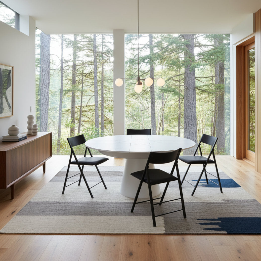 Compass round capstan expanding table in white wood in a forest modern home