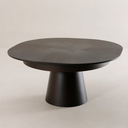 Compass round expanding table rotated open to dinner size | Walnut
