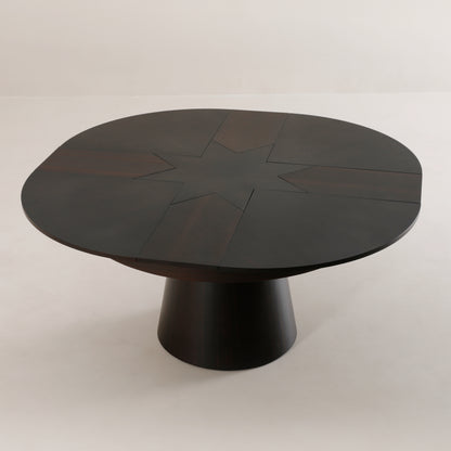 Compass round expanding table rotated open to dinner size from above | Walnut