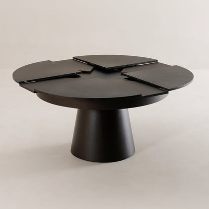 Compass round expanding table with star burst rotating mechanism partially open | Walnut