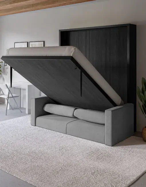 Compatto Free Standing Murphy Bed in Dark Wood with black metal and grey sofa half open in modern room