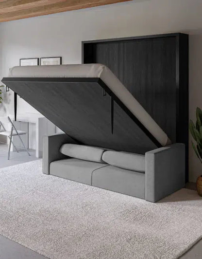 Compatto Free Standing Murphy Bed in Dark Wood with black metal and grey sofa half open in modern room