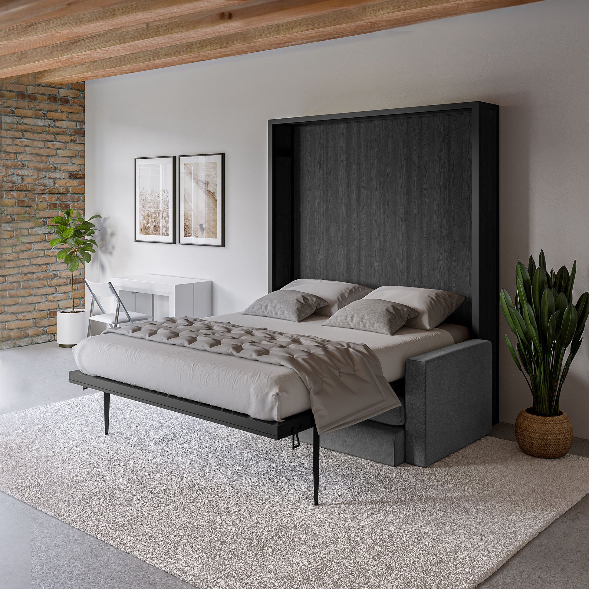 Compatto Free Standing Murphy Bed in Dark Wood with black metal and grey sofa open in modern room