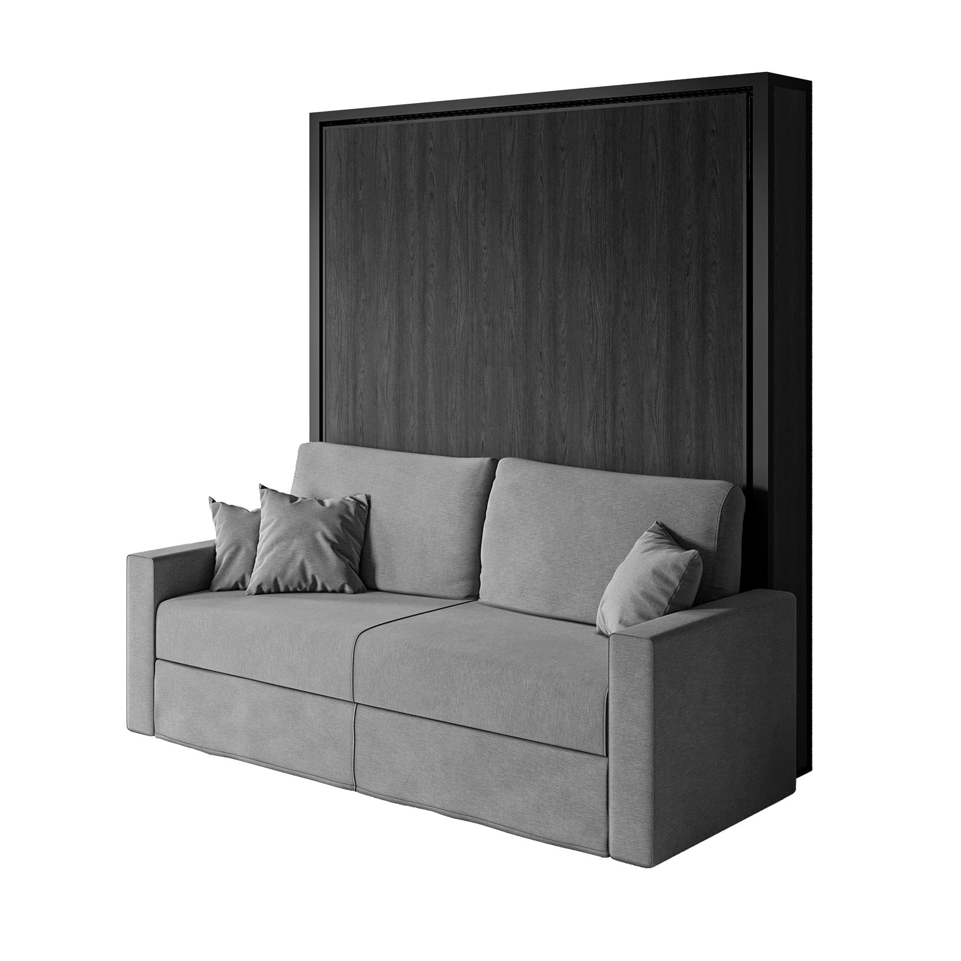 Compatto Free Standing Murphy Bed in Dark Wood with black metal and grey sofa