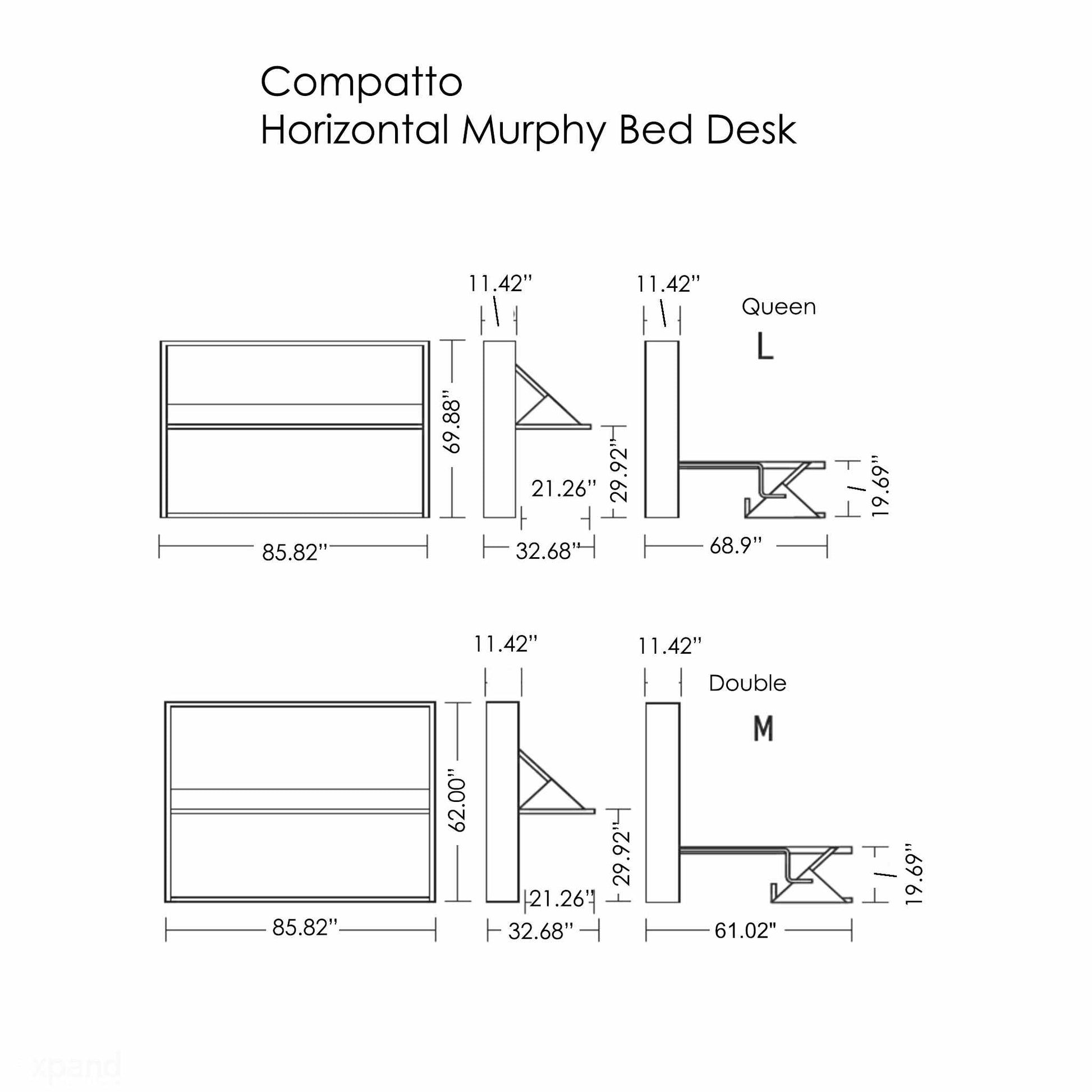 Compatto horizontal wall bed desk dimensions