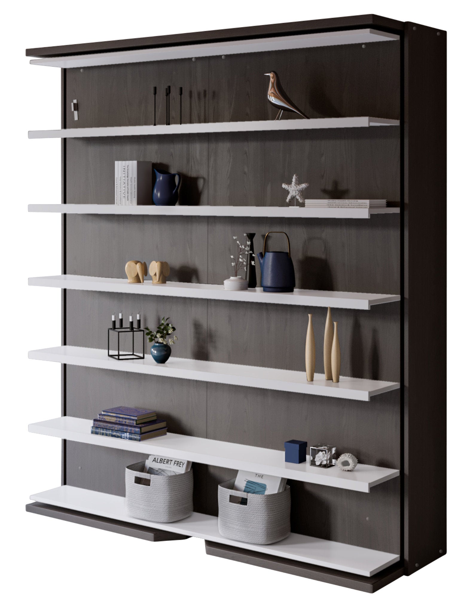 Compatto lmg shelf rotating wall bed with dark wood and white shelves