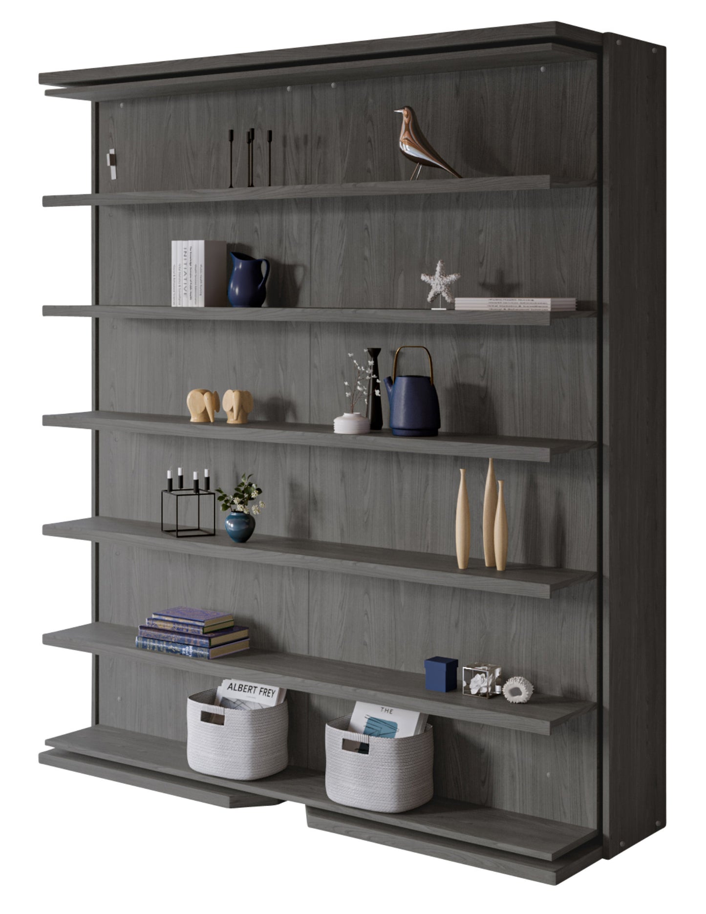 Compatto LMG revolving Shelf wall bed in grey rovere cenere with decorative shelving