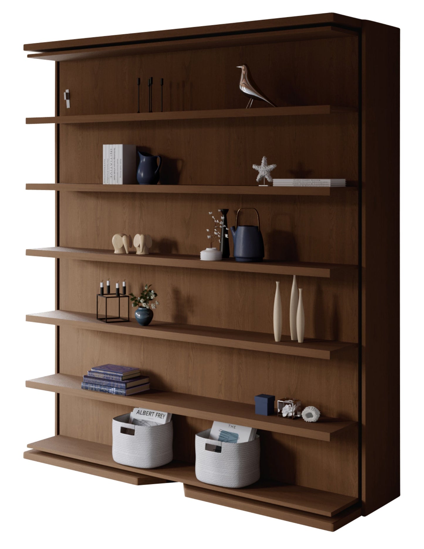 Compatto LMG revolving Shelf wall bed in noce walnut wood with decorative shelving