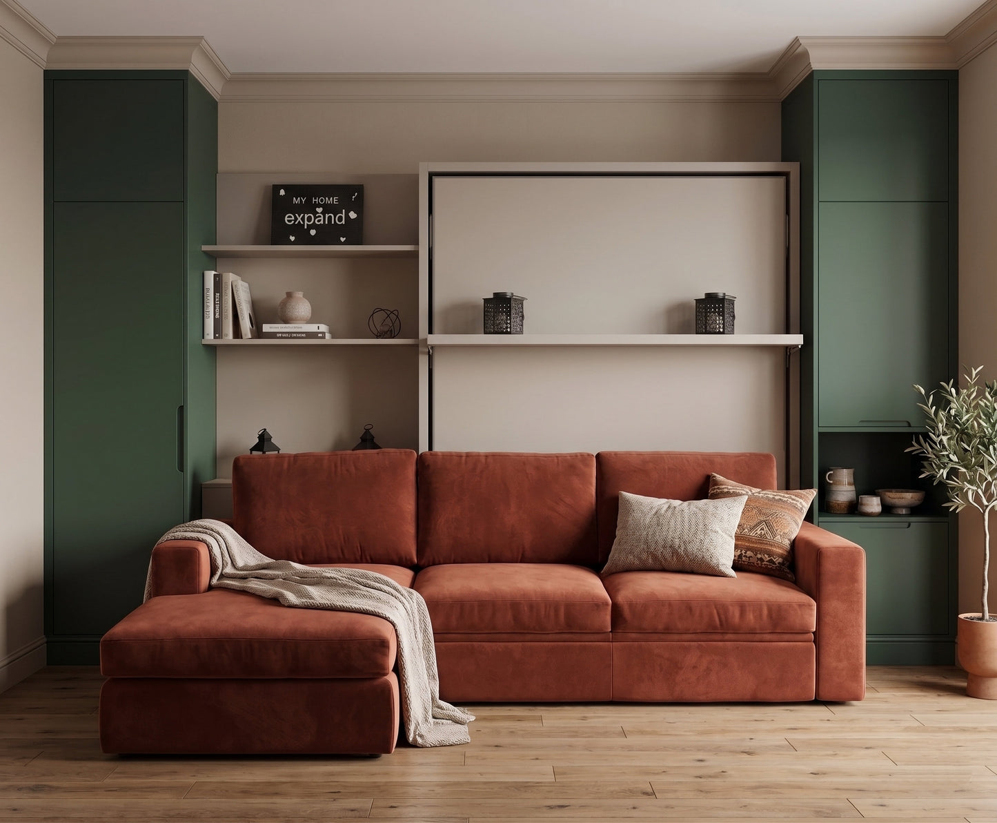 Compatto - Shelf Wall Bed over Sectional Sofa