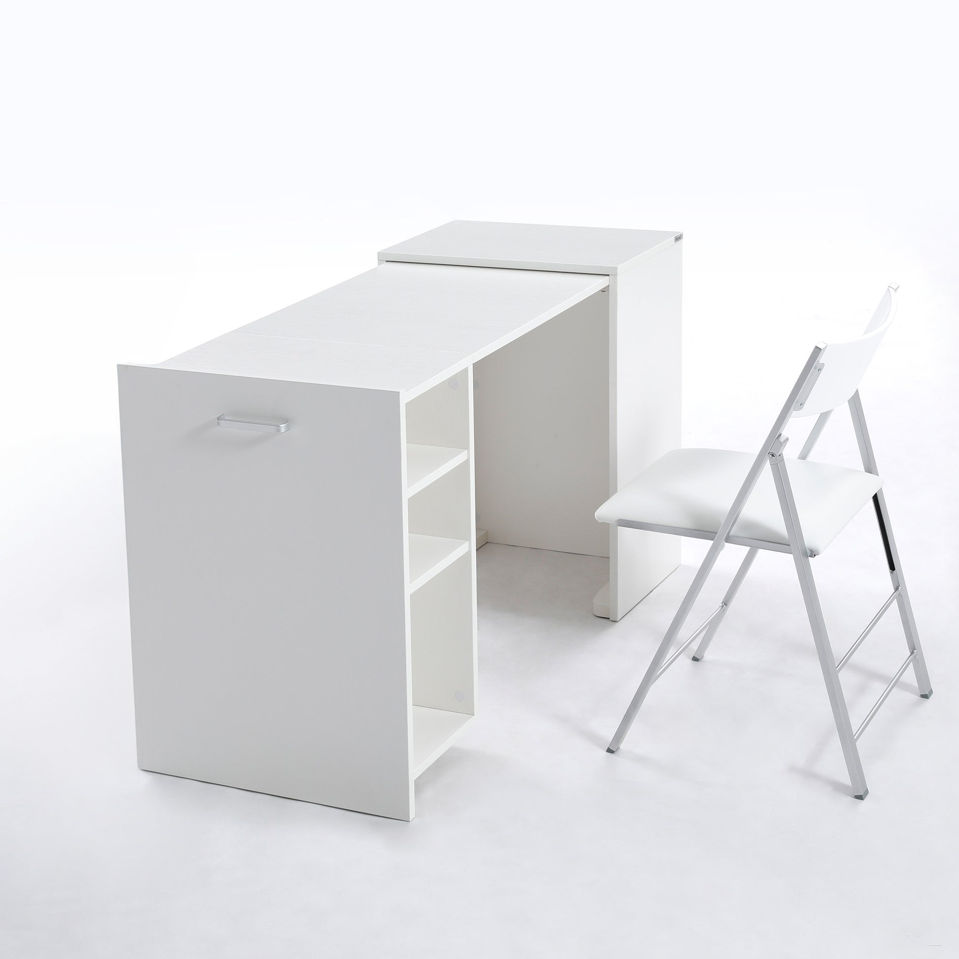 Cove - extending transforming office cabinet in matte white with nano chair