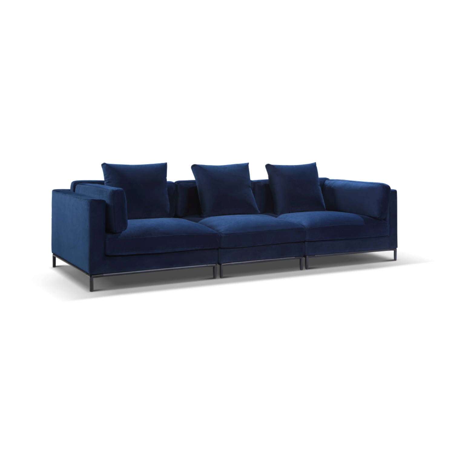 A blue sectional sofa with four seat cushions and four back pillows, shown from an angle.