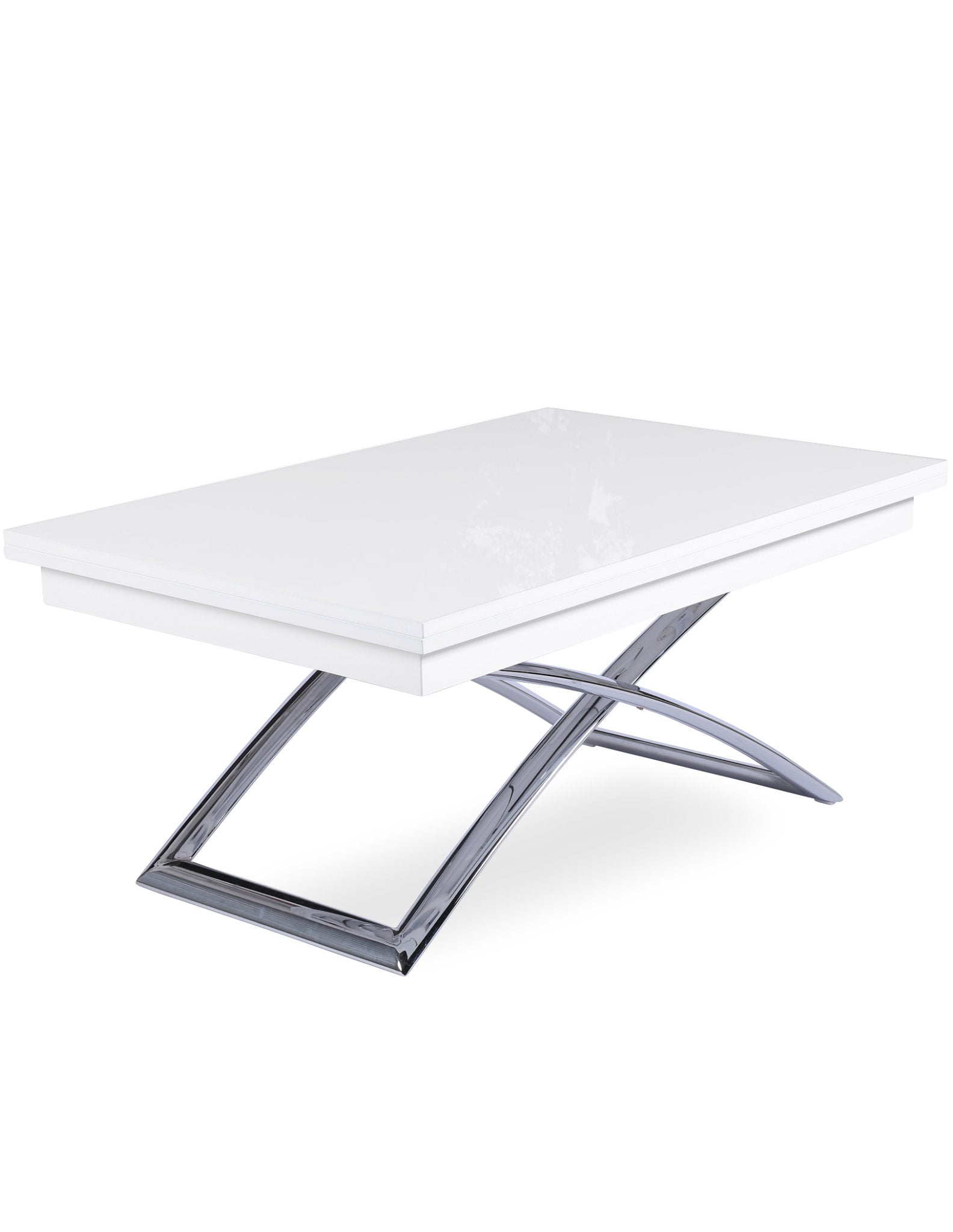 Expand table - coffee transformer dinner table in glossy white with curved chrome legs