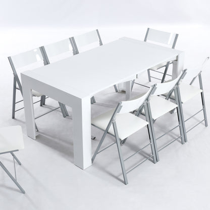 Expanda thin extending table seats 6 in white matte as a dining set