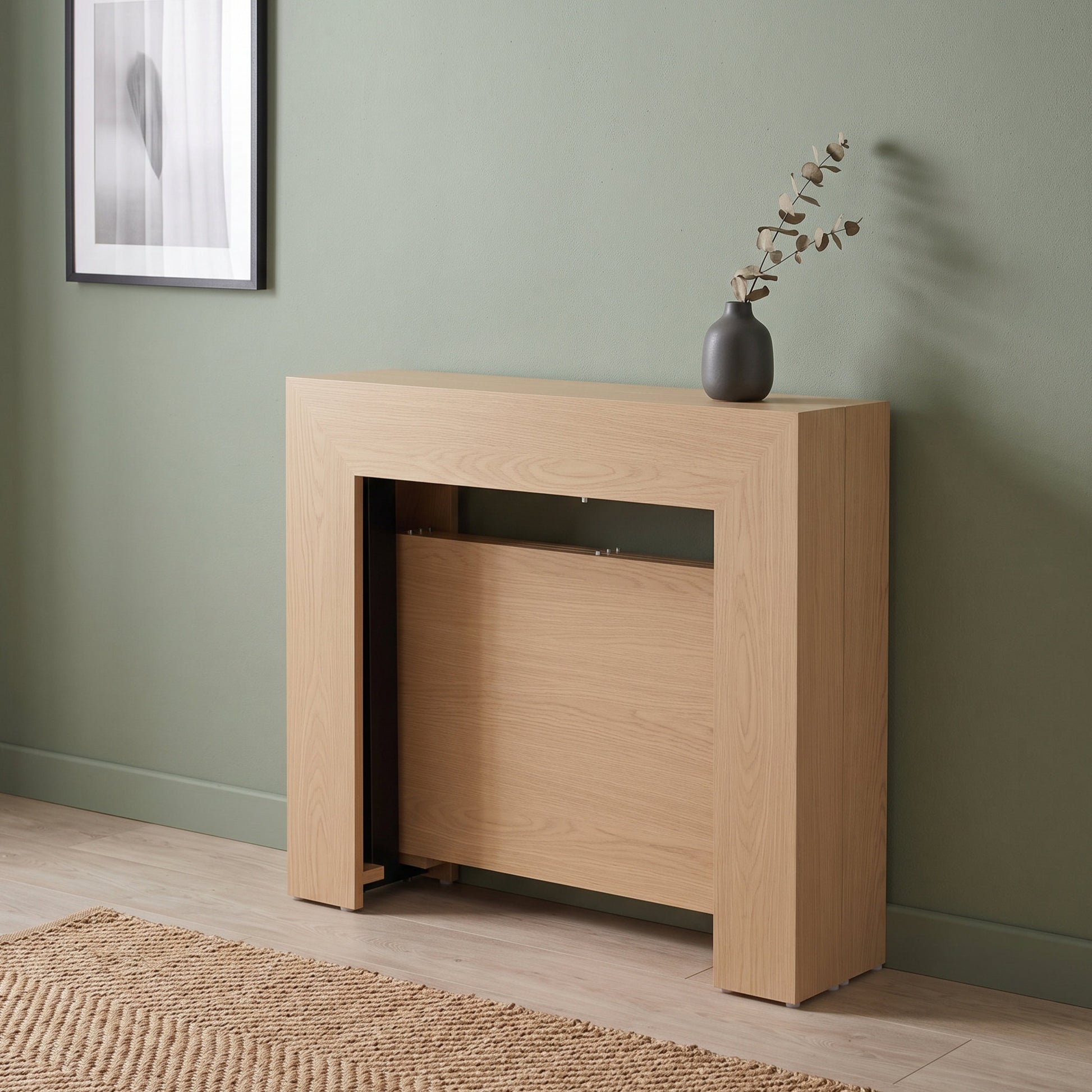 Expanda console closed against a wall but can open to 6 person dinner table set for dinner | Champagne Ash