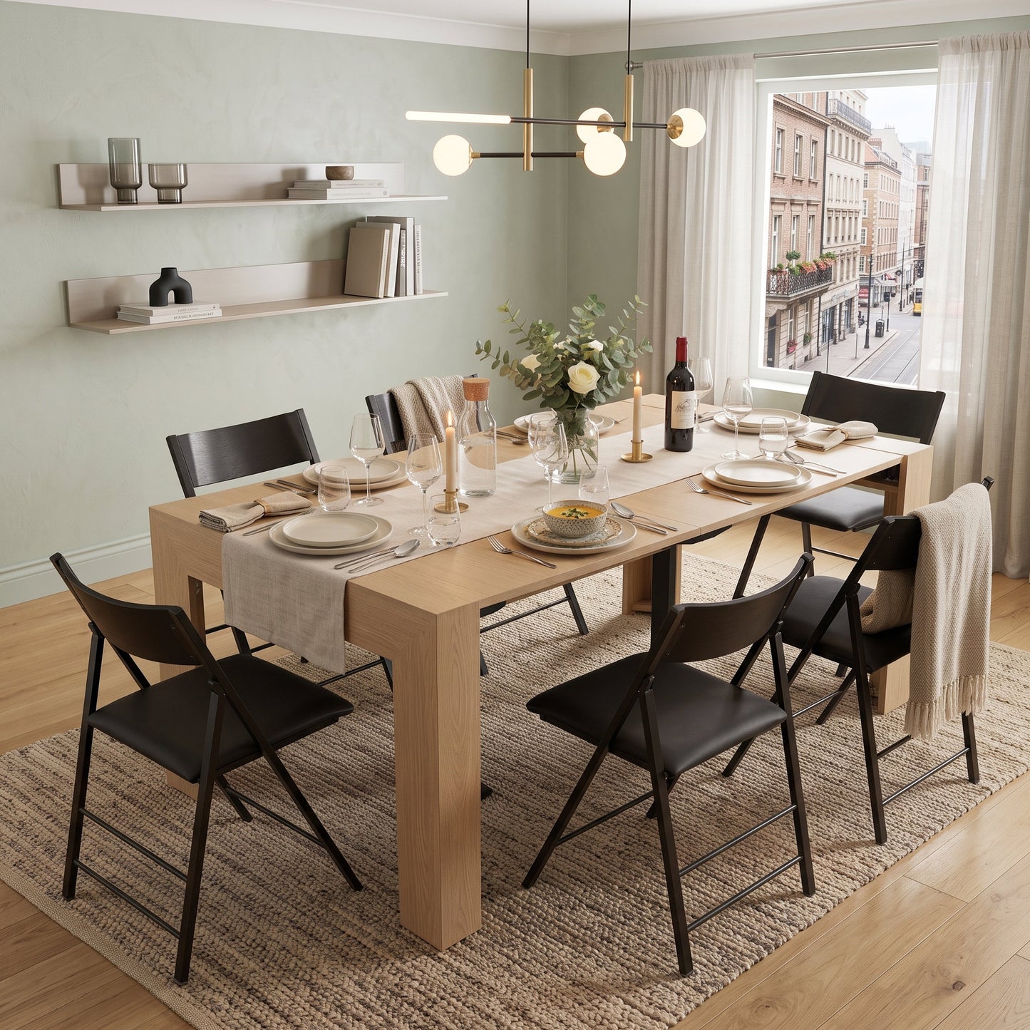 Expanda console opened to 6 person dinner table set for dinner | Champagne Ash
