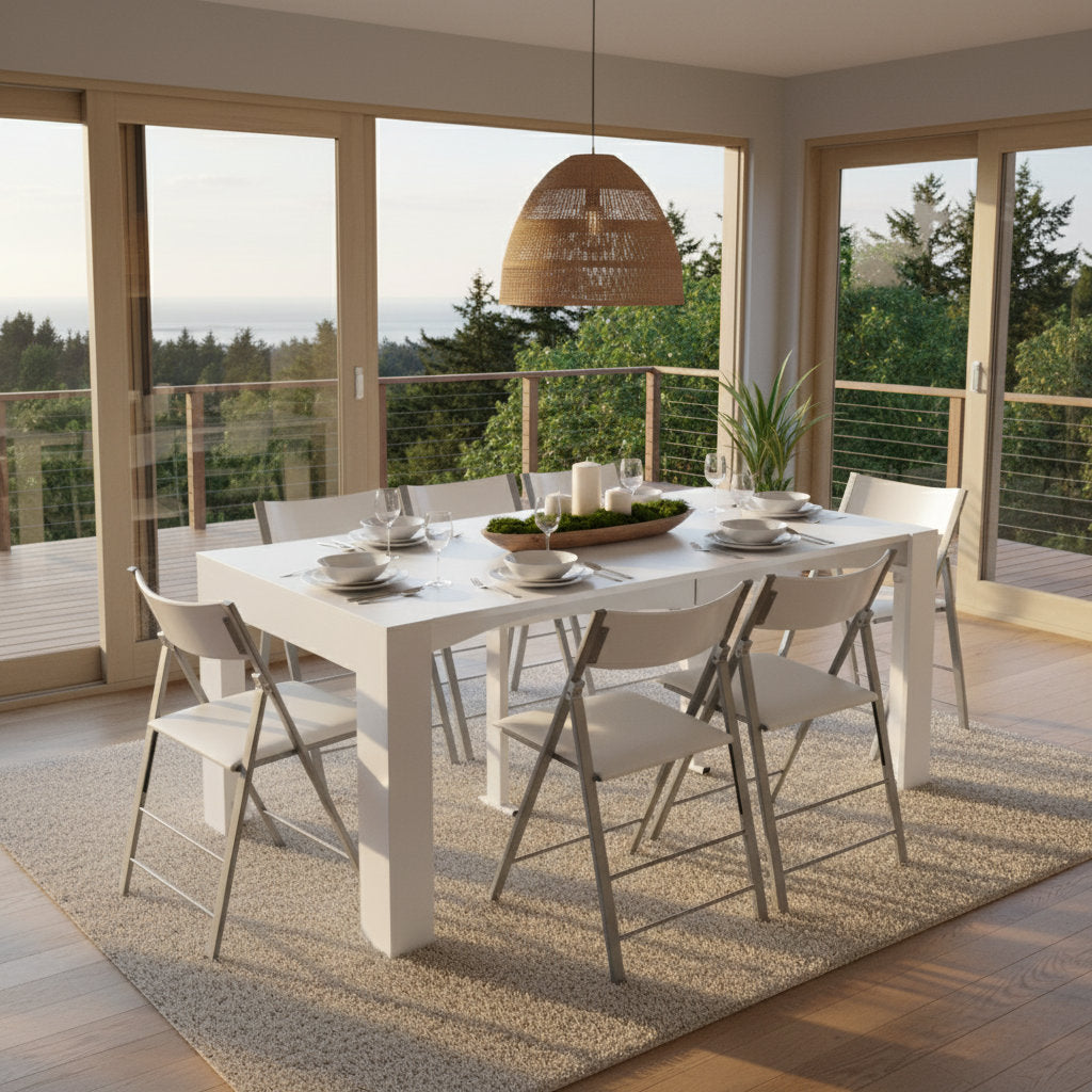 White Expanda console expanded as a dinner set with nano chairs - transforming table set
