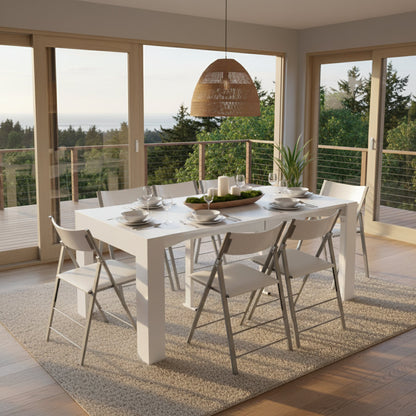 White Expanda console expanded as a dinner set with nano chairs - transforming table set