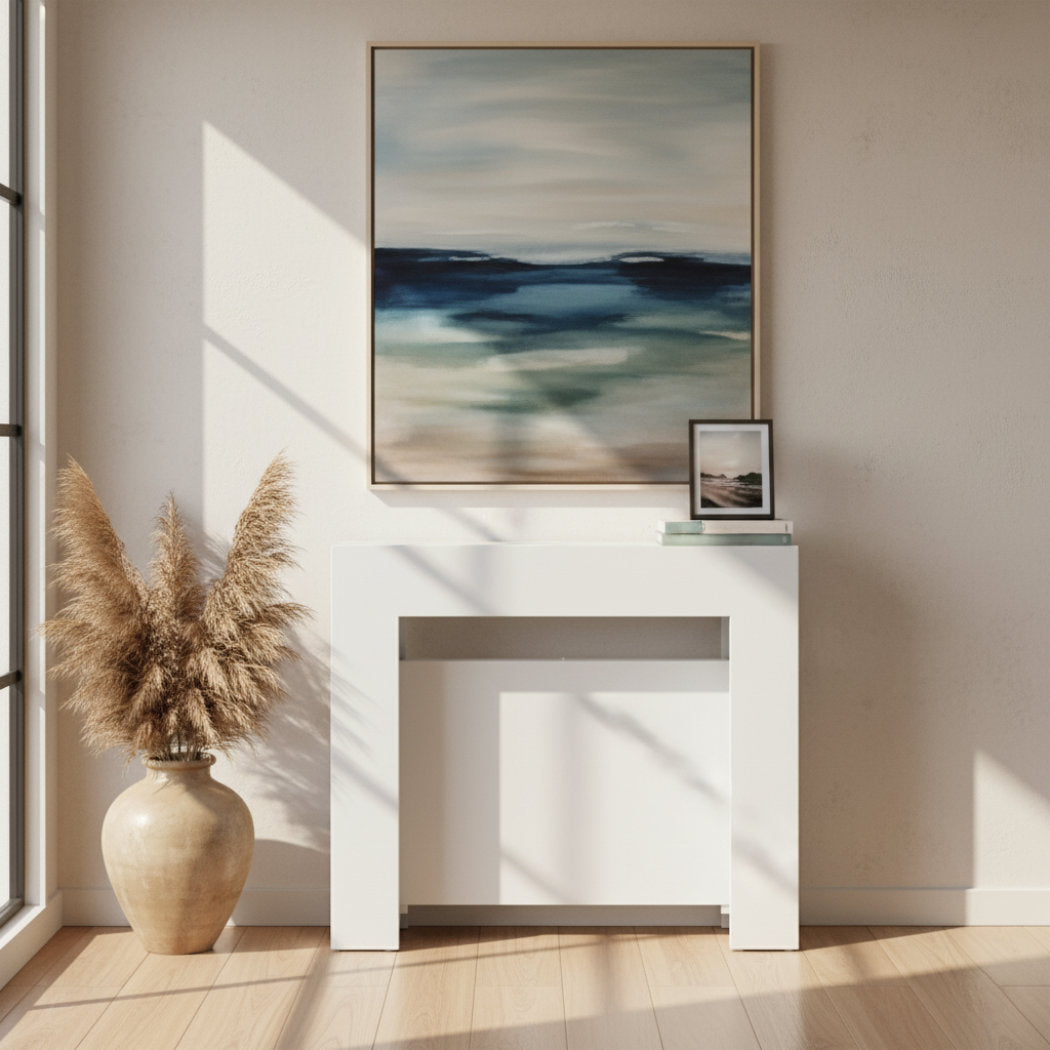 Expanda Space saving console in white in a modern room - table extends and stores leaves in the middle