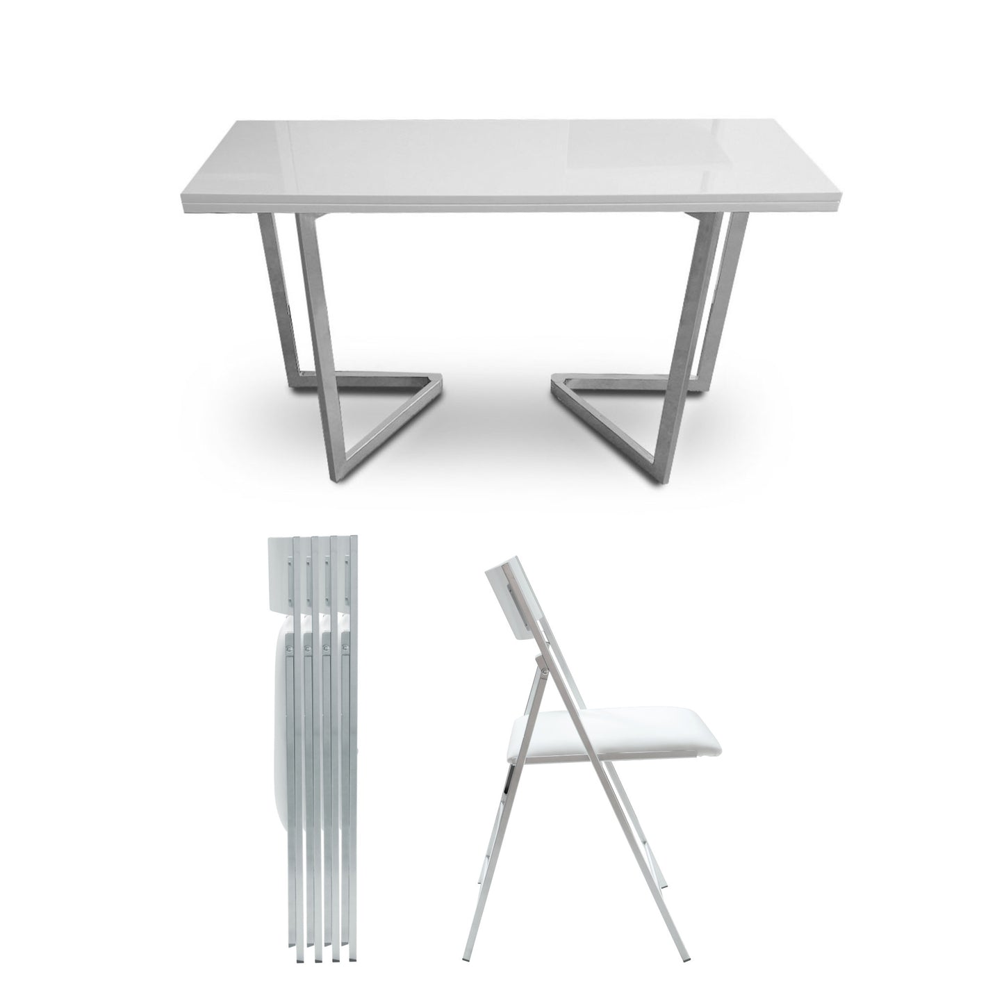 Flip-console-dining-set-in-white-gloss-matching-table-and-chairs-with-silver-legs