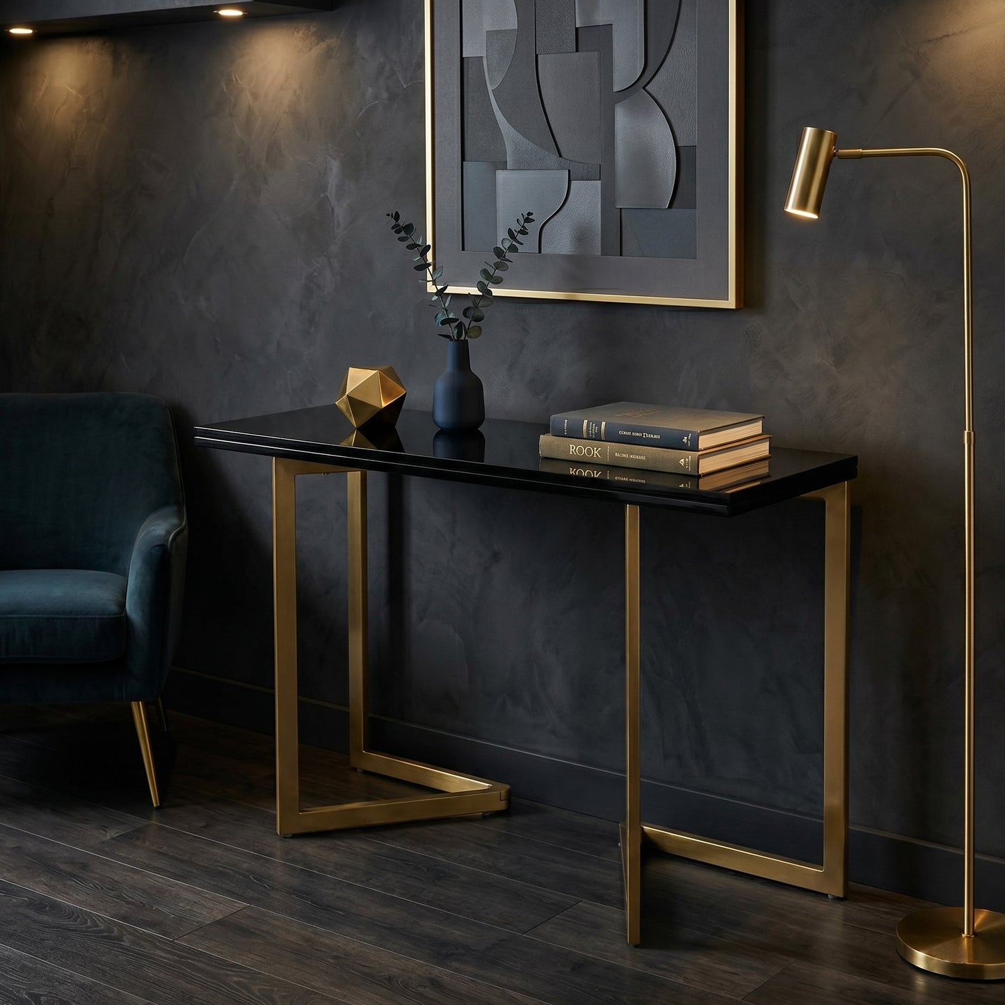 Flip console to dinner table doubles in size | Glossy Black + Satin Gold