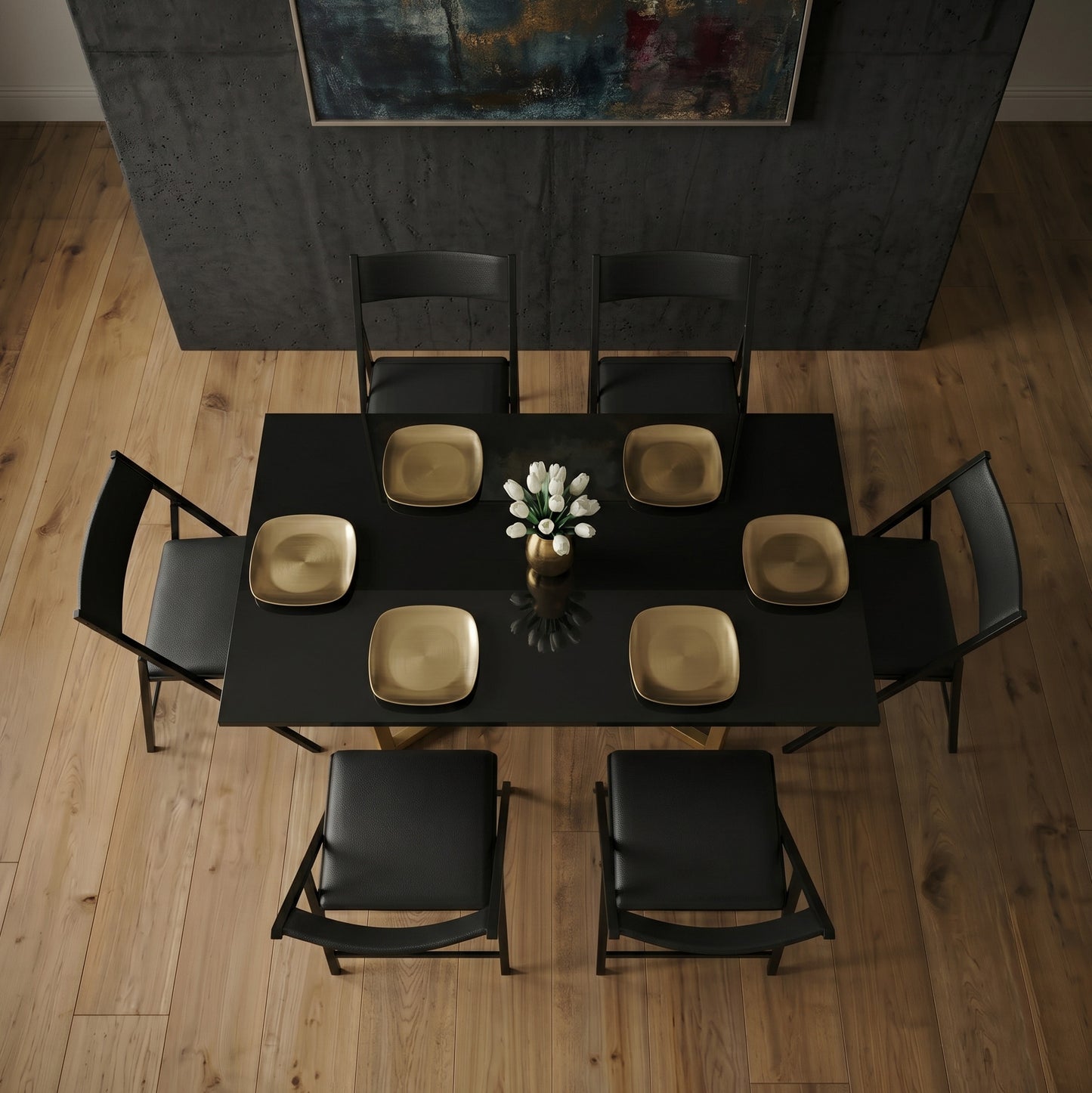flip console opened to a dinner table with nano chairs | Glossy Black + Satin Gold