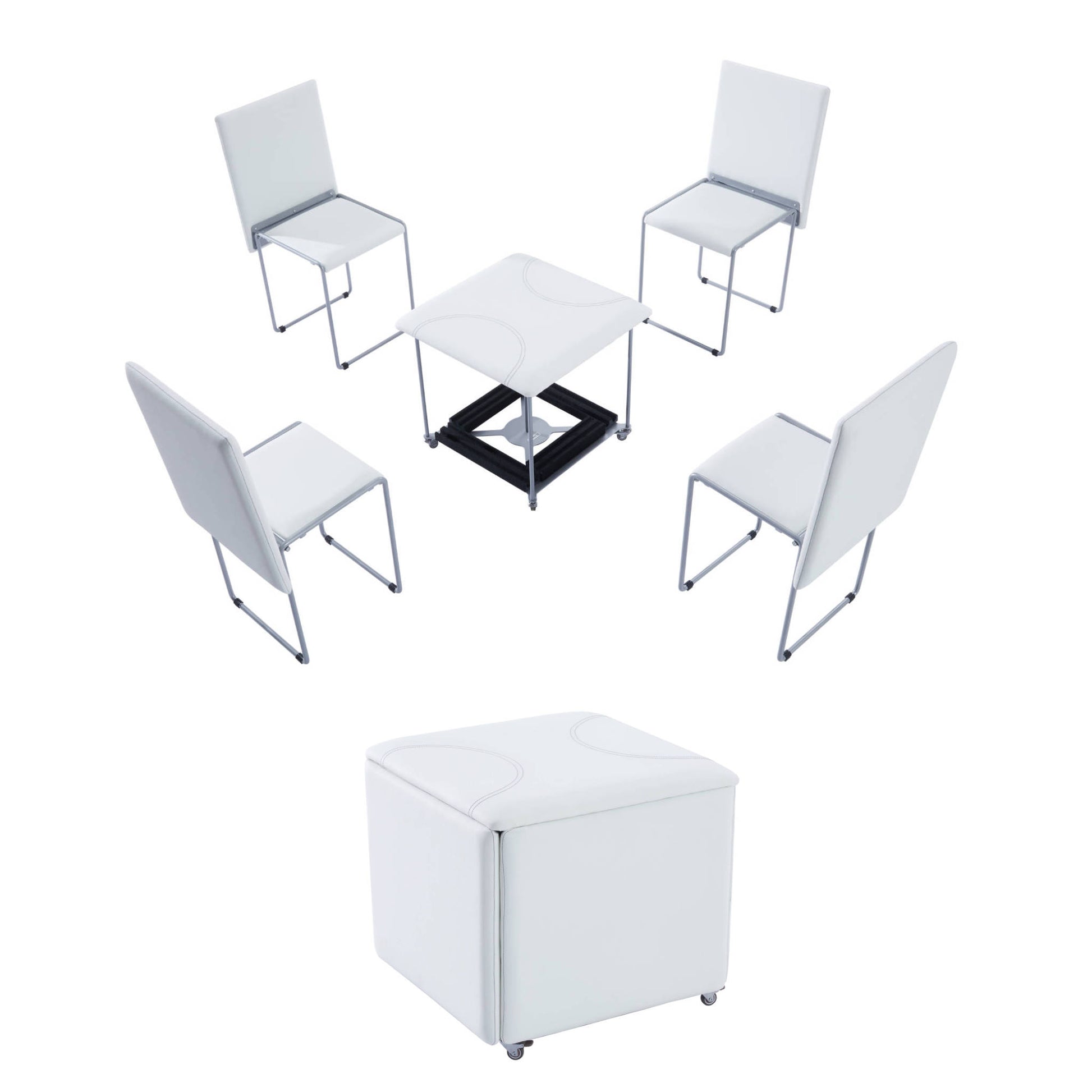 Fold Cube 4 chairs ottoman transforming seats in white opened unfolded